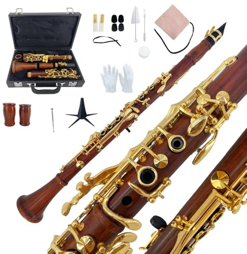 Yinfente Bb Clarinet for Beginner 17 Key Gold-plated Rosewood b Flat Clarinet with 2 Barrels,Hard Case,Cleaning Kit,Mouthpiece,Cork Grease,Gloves,Reeds,Cushion