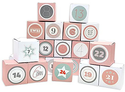 Frau WUNDERVoll® DIY Adventskalender Vorfreude zum Befüllen, Faltschachteln 12x rosa 12x weiß 7x7x7cm (gefaltet), XL Ziffern pastell/Weihnachten, Aufkleber, Würfelbox, Faltverpackung, Schachteln