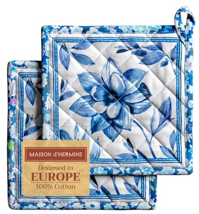 Maison d' Hermine Pot Holders 100% Cotton Heat Resistant Potholders 8 x 8 Hot Pads with Loop BBQ Cooking Baking Easter Decorations Handling Hot Pans Spring/Summer (Pack of 2, Summer Blues)