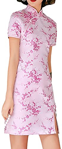 Cheongsam Costume Short Sleeve Side Slit Floral Print Mandarin Collar Vintage Chinese Evening Mini Bodycon Cocktail Outfit, 145-4-pink, M