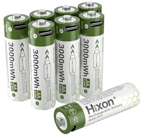 Hixon Lithium 1,5V AA Akku, Wiederaufladbare USB-C AA Akku Lithium, 3000mWh 1,5V AA Lithium Akku, 8 Stücke Lithium USB-C AA Batterien