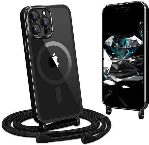 CaseLover Magnetisk mobiltelefonkedja kompatibel iPhone 15 Pro, fodral med band, klar silikonhalsband, mobiltelefonfodral med snöre för upphängning, stöttålig, kameraskydd, stötfångare, skyddsfodral