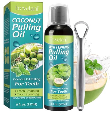 Coconut Oil Pulling for Teeth Whitening, Natural Coconut & Peppermint Oil Mouthwash with Tongue Scraper and Measuring Cup, Alcohol-Free, Supports Healthy Gums, Oral Cleaning, Freshen Breath, 8 Fl.Oz