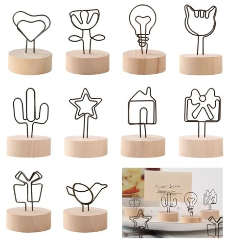 KASESSS 10 Stück Tischkartenhalter Metall, Fotohalter mit Klammern, Menükartenhalter, Tisch mit Holzbasis Fotoständer, Kartenhalter Holz, Kartenständer, Lustig Notizhalter für Hochzeit Party Dekor