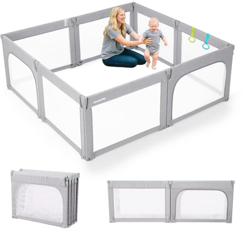 Baby Playpen, Toddler Safety Gate Foldable Play Pen Easy Assembly, Large Size&Shape Adjustable Baby Barrier, Extra-Large Indoor Playpen for Kids Foldable Baby Play Yard 180x200cm, Light Grey