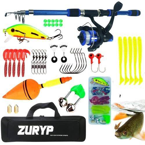 Lnhgh Angelset Für Kinder,tragbare Teleskop-Angelrute Und Rolle, Mit Angelschnurködern,Komplettes Fischzubehör-Set Mit Tragetasche, Angel Zubehör Für Kinder, NMEKZL4QV2J5QTMP7