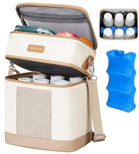 Mancro Double Layer Breast Milk Cooler Bag, Insulated Baby Bottle Bag with Ice Packs fits 6 Bottles Up to 9 Ounces and a Wearable Breast Pump, Baby Bottle Cooler for Daycare and Nursing Moms, Beige