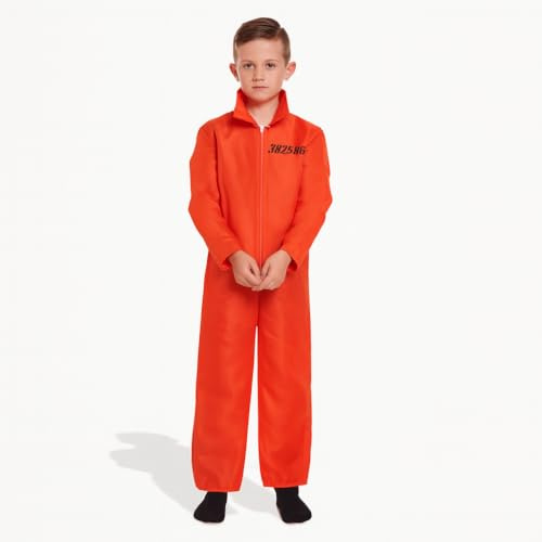 Lizzy Children’s Orange Prisoner Jumpsuit Kids Boiler Suit Convict Prison Inmate Fancy Dress halloween World Bookday Costume Outfit (Costume Only) (Large (10-12 Years))