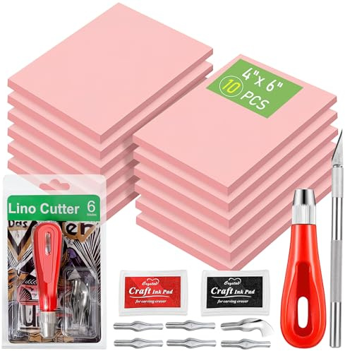 Linoldruck Set Komplett mit 10 Linolblöcken (15x10cm) & Schnitzwerkzeug – Stempelschnitzen Starter Set inkl. 2 Stempelkissen & Skalpell – Soft-Gummi Schnitzset für DIY Stempel, Druckgrafik, Schule