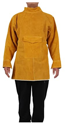 Mandil soldador, Delantal de soldadura de cuero con manga, chaqueta de soldadura delantal de cuero pelaje largo, chaqueta de soldadura de servicio pesado(Yellow,XL)