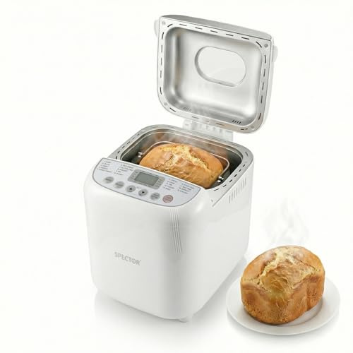 Spector Bread Maker, 2lb Capacity with 3 Loaf Sizes (500g/750g/1000g), 600W Automatic Breadmaker Machine, 15-Hour Delay Timer, 60-Min Keep Warm, 3 Crust Settings, Non-Stick Pan, Gluten-Free, Sourdough