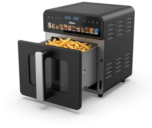 Nilson Life Freidora de Aire sin Aceite 10 Litros, Air Fryer NAF1000CXD, 1700 W, 35-230º C, Display LED, 12 Programas, Cesta Interior Antiaherente, Ventana de Visualización, Doble Resistencia