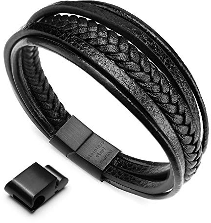 murtoo Bracelet Homme Cuir Véritable Bracelet et Acier Inoxydable Cuir pour Les Hommes(Noir avec Joint magnetique,22.5)