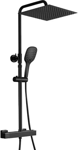 JOHO Columna de Ducha con Grifo Termostático Negro Barra Ducha Reuglable en Altura Acero inoxidable 304 Ducha Cuadrada Lluvia 25 * 25cm