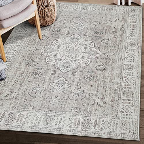 ReaLife Maschinenwaschbar Teppich - Wohnzimmer Schlafzimmer Badezimmer Küche Flur Büro - rutschfest Kurzflor Premium-Fleckenbeständig - Boho Landhaus Vintage - Ola - Beige - 150 x 210