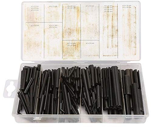 450 pasadores cilíndricos de resorte de acero, abertura de primavera, pasador de tensión, rodillo, huecos, pines, surtidos, kit de fijación accesorios, acabado plano, métrico, con estuche.