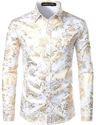 PARKLEES Men's Luxury Paisley Gold Shiny Printed Stylish Slim Fit Button Down Dress Shirt PZLCL18 White Gold XL