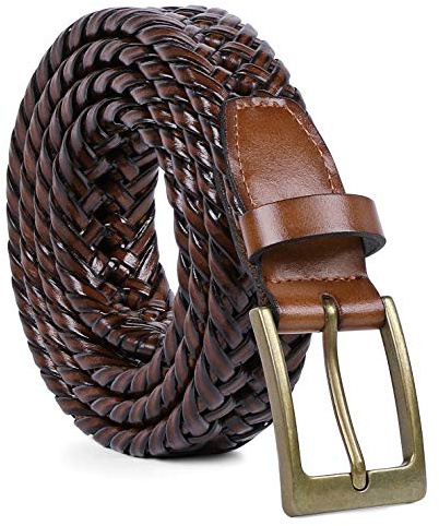 JASGOOD Men's Braided Leather Belt, Braided Woven Belt for Men Casual Jeans with Solid Strap Single Prong Buckle (B-Brown,Suit for Pant Size 32-37 inch)