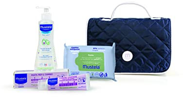 Mustela Vanity Set 2024, Tasche und Beutel mit Produkten für Bad, Körper, Haare, Windelwechsel, Babys und Kleinkinder - von Geburt an, Geschenkidee für Neugeborene (blau)