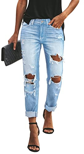 KUNMI Women's Ripped Mid Waisted Boyfriend Jeans Loose Fit Distressed Stretchy Denim Pants