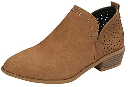 Woaikeyu Bottines Femme Mode Couleur Unie Creux Sculpté Goujon Pointu Talon Bas Vintage Bottes Courtes Boots Marron 39