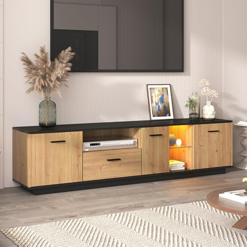 BTM TV-Schrank, Lowboard, 15 Variable LED-Leuchten Fernsehschrank, DREI Türen, Zwei offene Fächer mit Glass, für Wohnzimmer, 180x40x45 cm, Natural und Schwarz