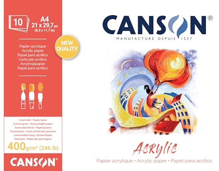 CANSON Acrylic, Acrylpapier, Leinwandkörnung, 400 g/m², an der kurzen Seite geleimter Block, A4 21 x 29,7 cm, naturweiß, 10 Blätter