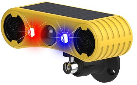 Solar Outdoor Motion Sensor Alarm with 13Sounds,KINGCOO 129db Gunshot Dog Barking Sound with Red Blue LED Flashing Warning Security Strobe Light for Farm Yard Orchard Barn (1Pack)