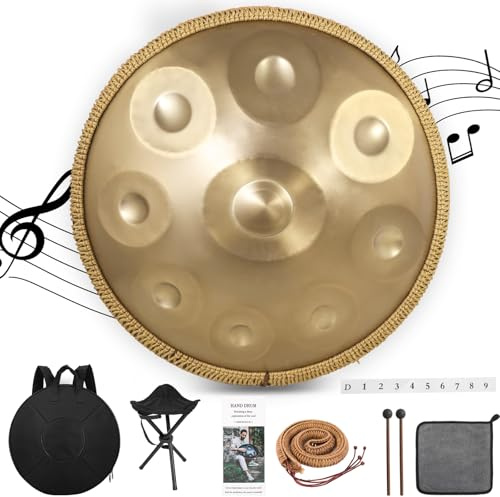 Derlvbak Handpan, 22 pulgadas 9 notas 440 Hz Oro Acero Tambor de Lengua en Re Menor Handpan Drum para Yoga, Meditación con Baquetas de Bolso, Soporte de Tambor