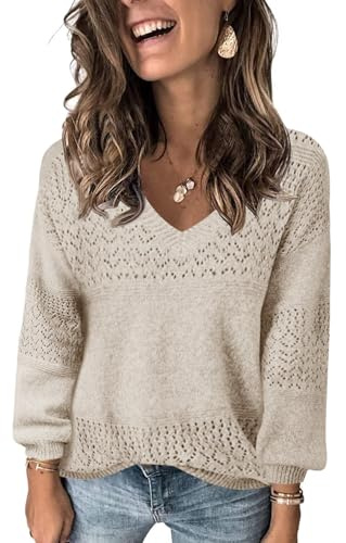 Fisoew Damer V-ringad stickad tröja långärmad ribbstickad tröja lätt virkad tröja casual tröja, Beige, XXL