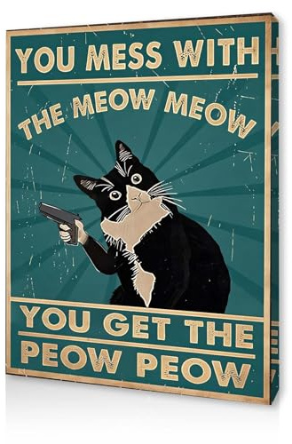 Qiukoo Funny Cat Wall Art – Retro Framed Canvas Print for Living Room, Bedroom, Office or Game Room, Modern Wall Décor for Cat Lovers, with Pre-Mounted Hooks, 12 × 16