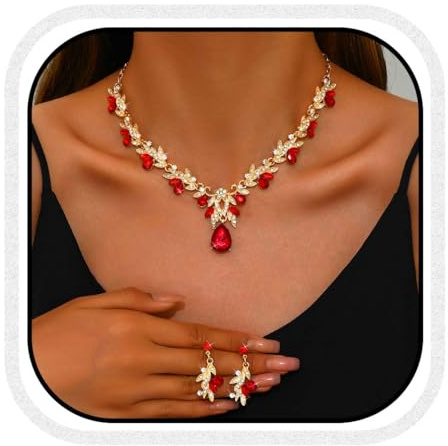 Fashband Crystal Bridal Wedding Jewelry Set Sparkly Earrings Prom Costume Earrings Jewelry for Women (Red)