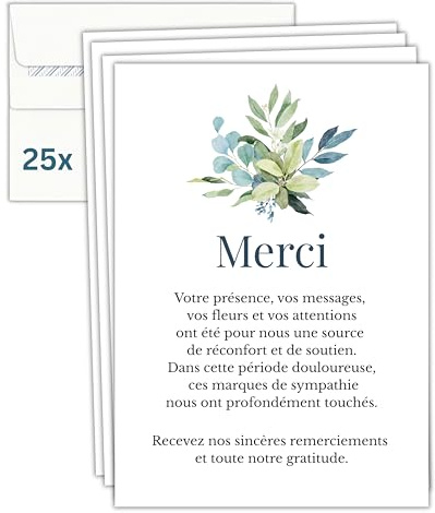 Milijou - Lote de 25 tarjetas y sobres para tarjetas de agradecimiento de duelo – Condolencias de muerte funeral – Formato postal – Papel 350 g – Diseño sencillo y elegante