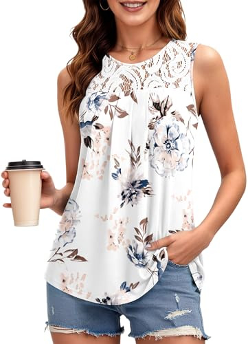 PLMOKEN Donna Canotta Elegante con Pizzo Senza Maniche Lungo Estiva, M
