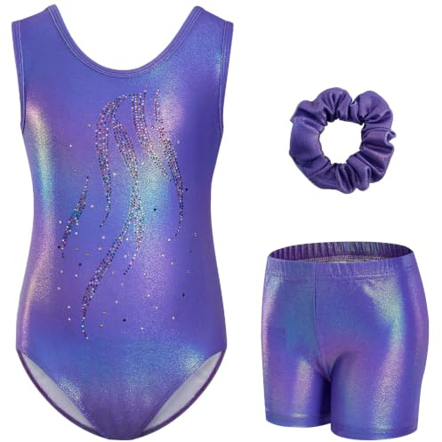 Gogokids flickors tredelade gymnastikset, ärmlösa trikåer med shorts och hårband, glittrande balettdansande träningsdräkt – gymnastikoutfit med gradientfärgsdesign för 3-12 år, Djup lila, 110(100-110