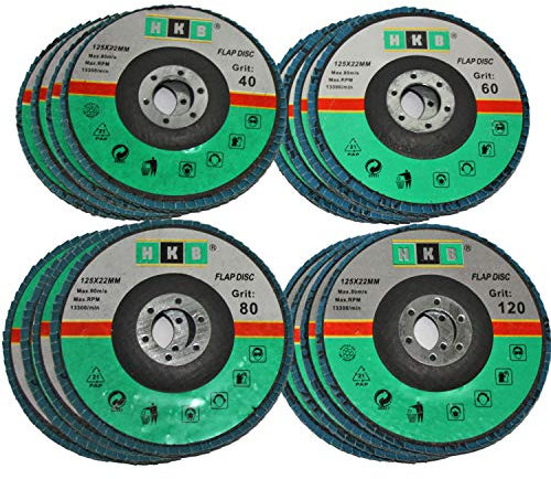 HKB ® 16 Stück Fächerscheibe je 4x Korn 40, 60, 80, 120, Schruppscheibe, Schleifmop, 125x22mm, blau, Zirkon, für Edelstahl, Metall, INOX, für Flex u. Winkelschleifer, Art-Nr. 670001