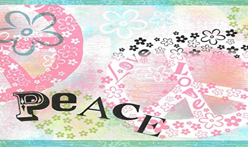 Dundee Deco BD6254 Frise de Papier Peint, Frise Murale, Bordure murale précollée pour enfants Rose, blanc, vert, noir paix, Love Design rétro 4,57 m x 17,78 cm