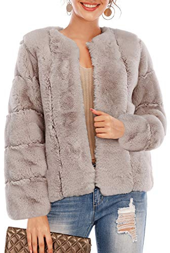 BerryGo Women's Long Sleeve Open Front Fuzzy Faux Fur Coat Khaki L