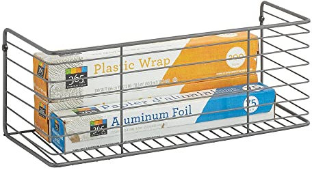 mDesign Metall Ablagebox zur Wandmontage – Aufbewahrungskorb mit ansprechendem Drahtdesign – Drahtkorb ideal für Küchenschränke, Abstellkammern und Badezimmer – dunkelgrau