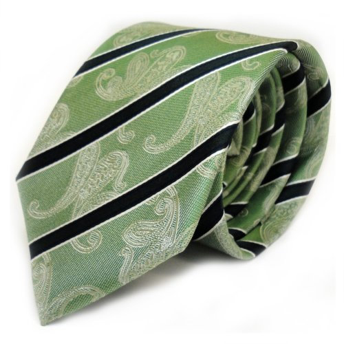 TigerTie Designer Seidenkrawatte in grün grasgrün dunkelgrün weiss gestreift mit Paisley
