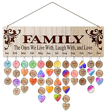Family Birthday Calendar Wall Hanging DIY Birthday Board, UOIXPUHUO Birthday Reminder Family Birthday Plaque with Tags (100 Pcs Heart and Disc Shape) for Mom Christmas Gift, a Day to Remember