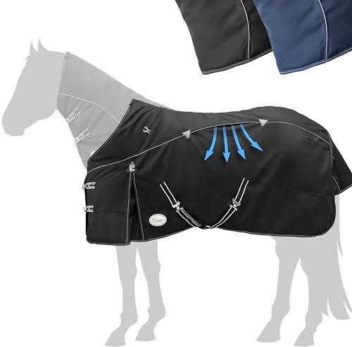 Esposita Airflow Outdoordecke Regendecke mit 300g Thermodecke Outdoordecke Paddockdecke Champion Edition optimales Klima ohne Hitzestau 100% wasserdicht Pferdedecke 155cm 300g Füllung Schwarz