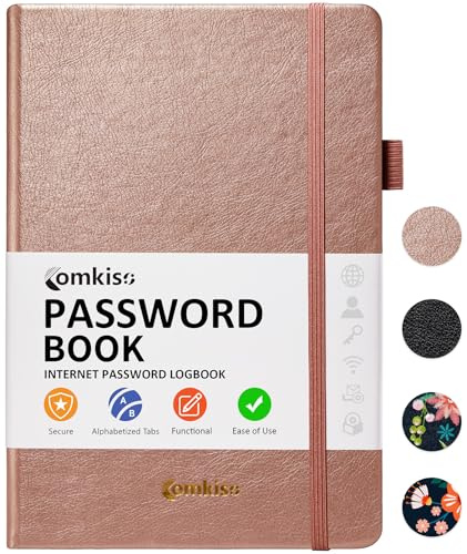 Comkiso Lösenordsbok med individuella alfabetiska flikar laminerade, stort tryck lösenordshållare bok för seniorer, A5 inbunden internetlösenord loggbok för att spela in information om inloggning