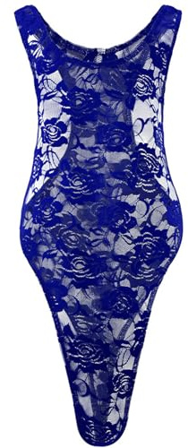 GENEMEN Mens Sheer Bodysuit Sexy Mesh Lace Floral One Piece Swimsuit Sissy Thong Leotard Jumpsuit (Dark Blue)