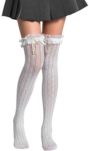 Amazleer Lace Heart Pattern Faux Pearl Bow Fishnet Over-The-Knee Socks Hollow Out High Stockings Spring Summer, White, One size