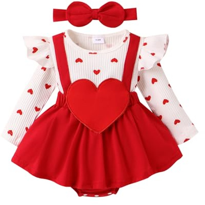 Springcmy Baby Girls Valentine's Day Ruffle Romper Dress Long Sleeve Ruffle Heart Letter Print Jumpsuit Overall with Headband (A White, 0-3 Months)