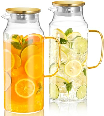 CMLKLZD 2 Pack 2 Liter 68 oz Glass Pitcher with Lid and Handle, Gold Glass Carafe for Fridge, Water Pitcher for Hot/Cold Water, Large Jug for Iced Tea, Coffee, Juice and Homemade Beverage