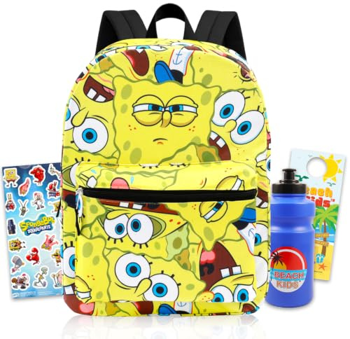 Spongebob - Zaino per la scuola - Bundle con zaino da 40,6 cm per ragazzi, bottiglia d'acqua, adesivi, altro | Spongebob Squarepants zaino per la scuola per bambini, ragazze, ragazzi