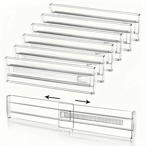 OulQinyhome Divisori per Cassetti con Blocco Centrale – Set da 6 Divisori Regolabili e Trasparenti (28,5–50 cm) – Più Stabili, Non Scivolano – Organizer per Cucina, Bagno e Ufficio