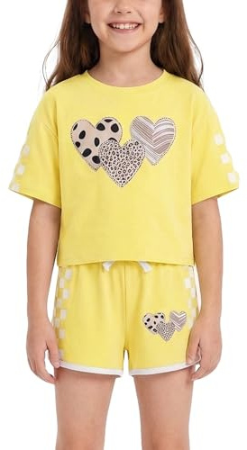 Valcatch Girls Summer Clothes Set 2 Piece Tracksuit, 5-13 Years | Casual fashion printed top and plaid shorts, ideal for streetwear, active sportswear, and school playground outings
